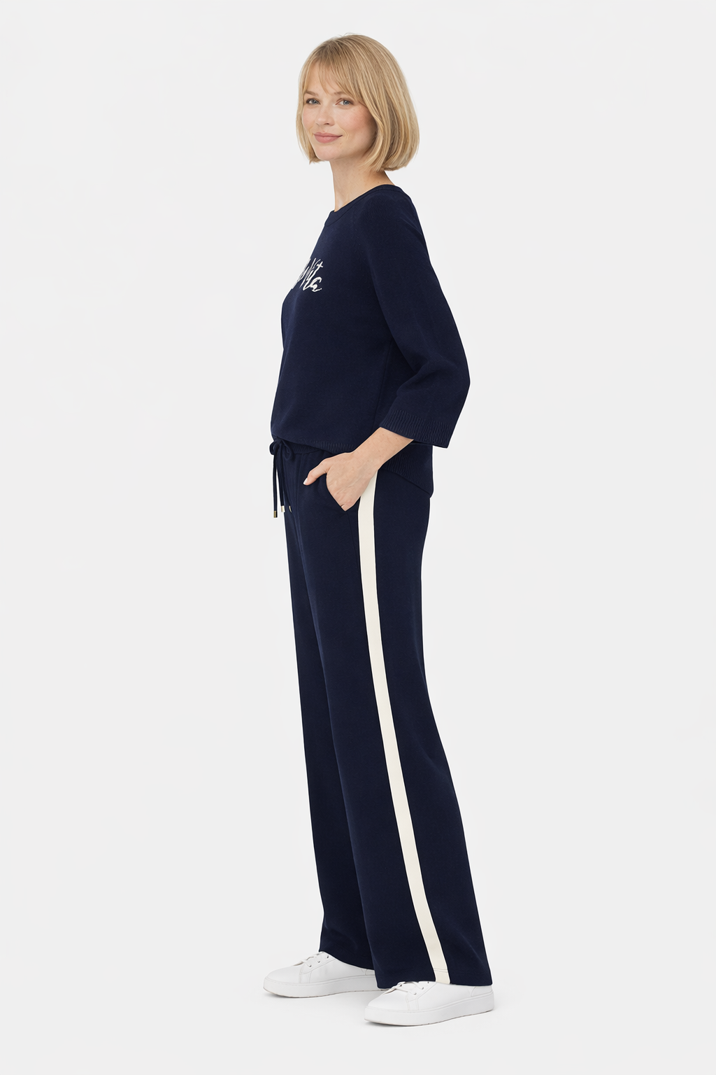 Fließende Palazzo-Hose mit Galonstreifen marine/ecru