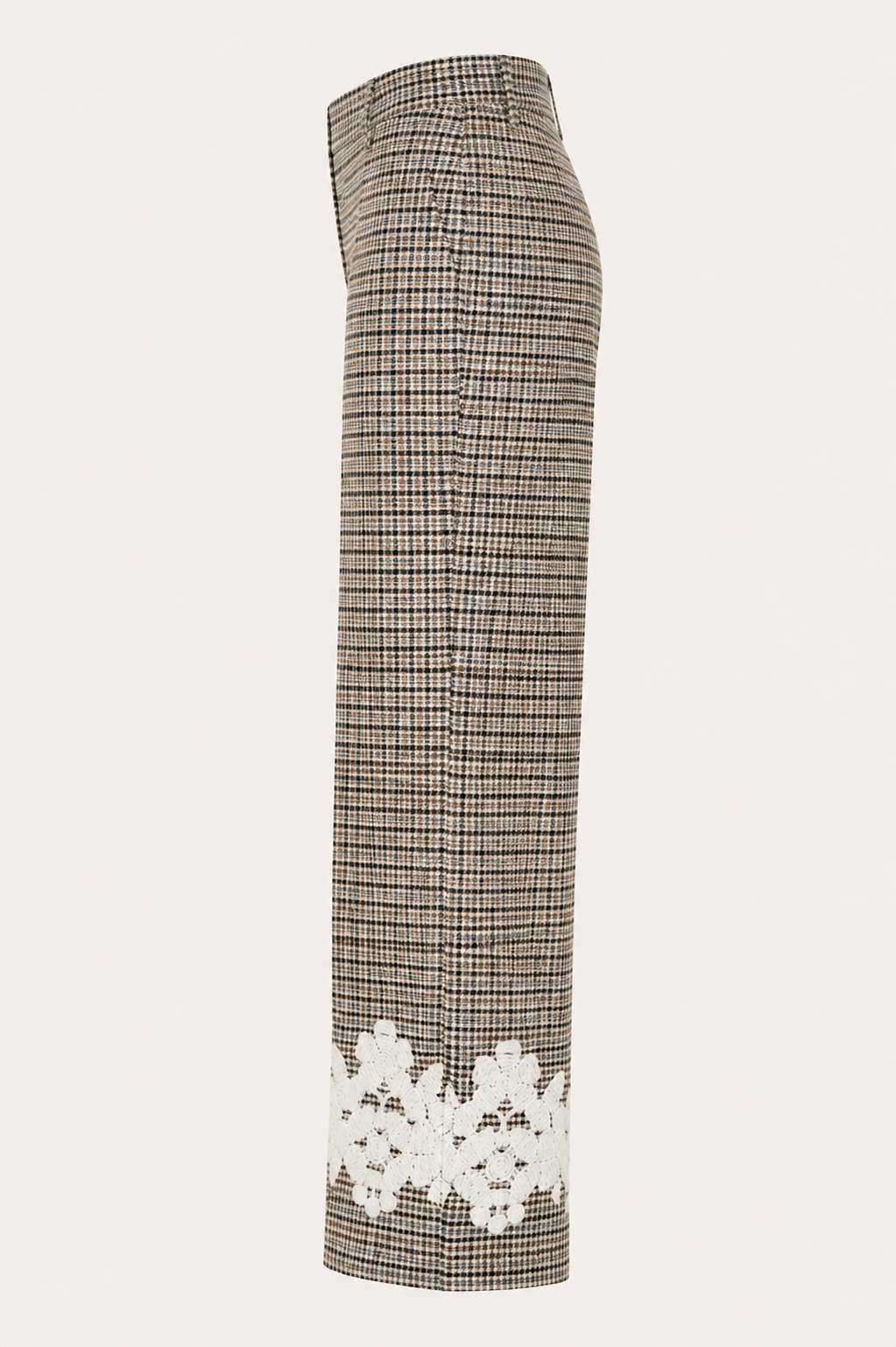 Wide Leg Glencheck-Hose mit floralem Spitzenbesatz