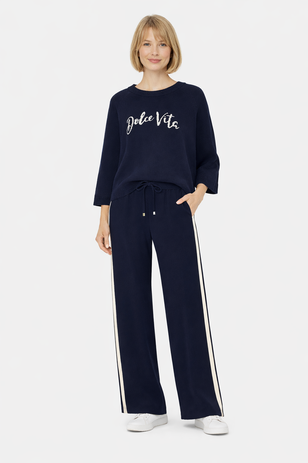 Fließende Palazzo-Hose mit Galonstreifen marine/ecru