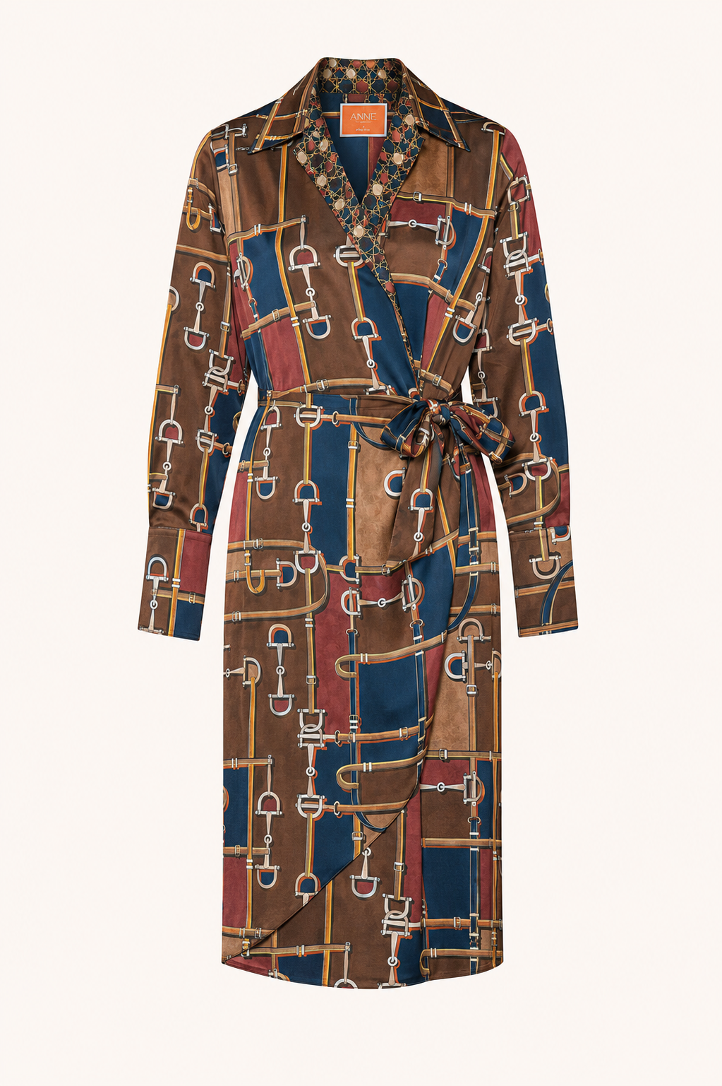 ANNA’S Wickelkleid mit Equestrian-Print in Braun, Navy & Bordeaux