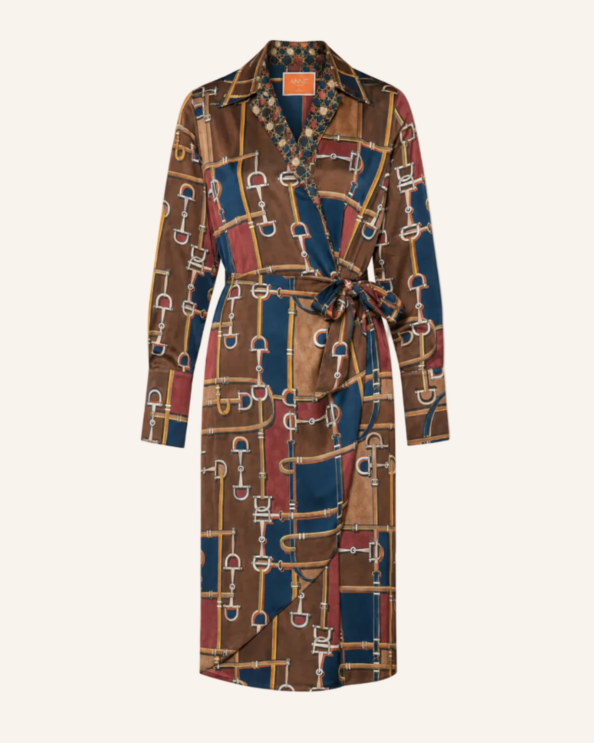 ANNA’S Wickelkleid mit Equestrian-Print in Braun, Navy & Bordeaux