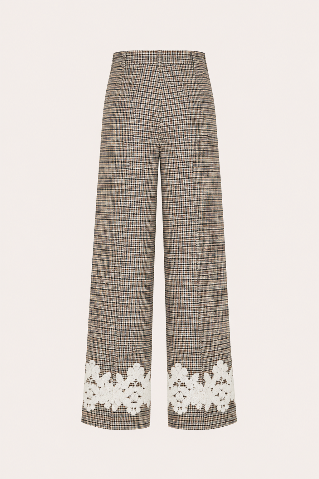 Wide Leg Glencheck-Hose mit floralem Spitzenbesatz