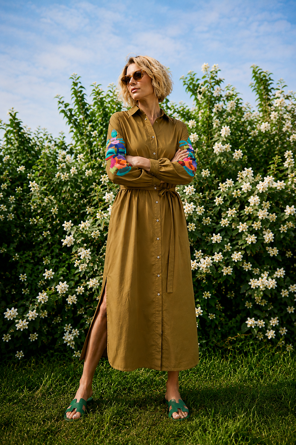 Embroidery Hemdblusenkleid oliv Midi-Länge