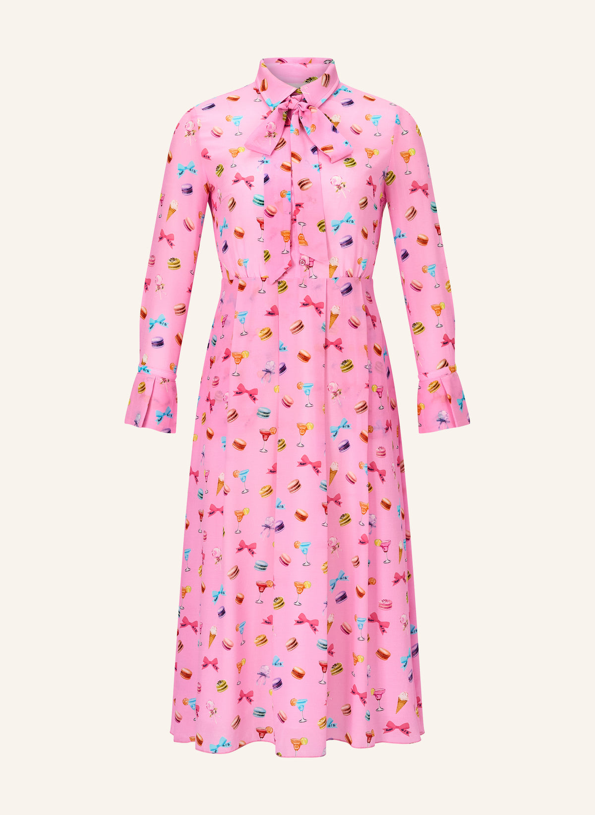 Seidenkleid Leila mit Schluppe Macarons-Print tailliert