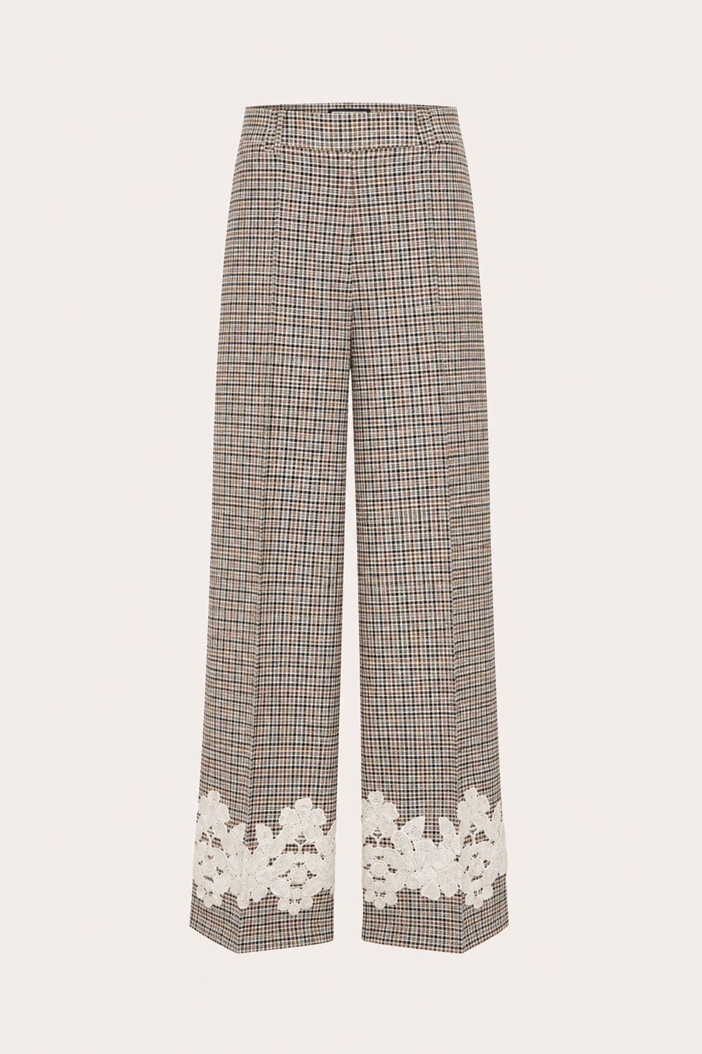 Wide Leg Glencheck-Hose mit floralem Spitzenbesatz