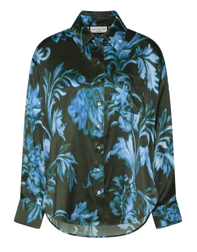 Seiden-Oversizebluse FLORAL oliv-petrol