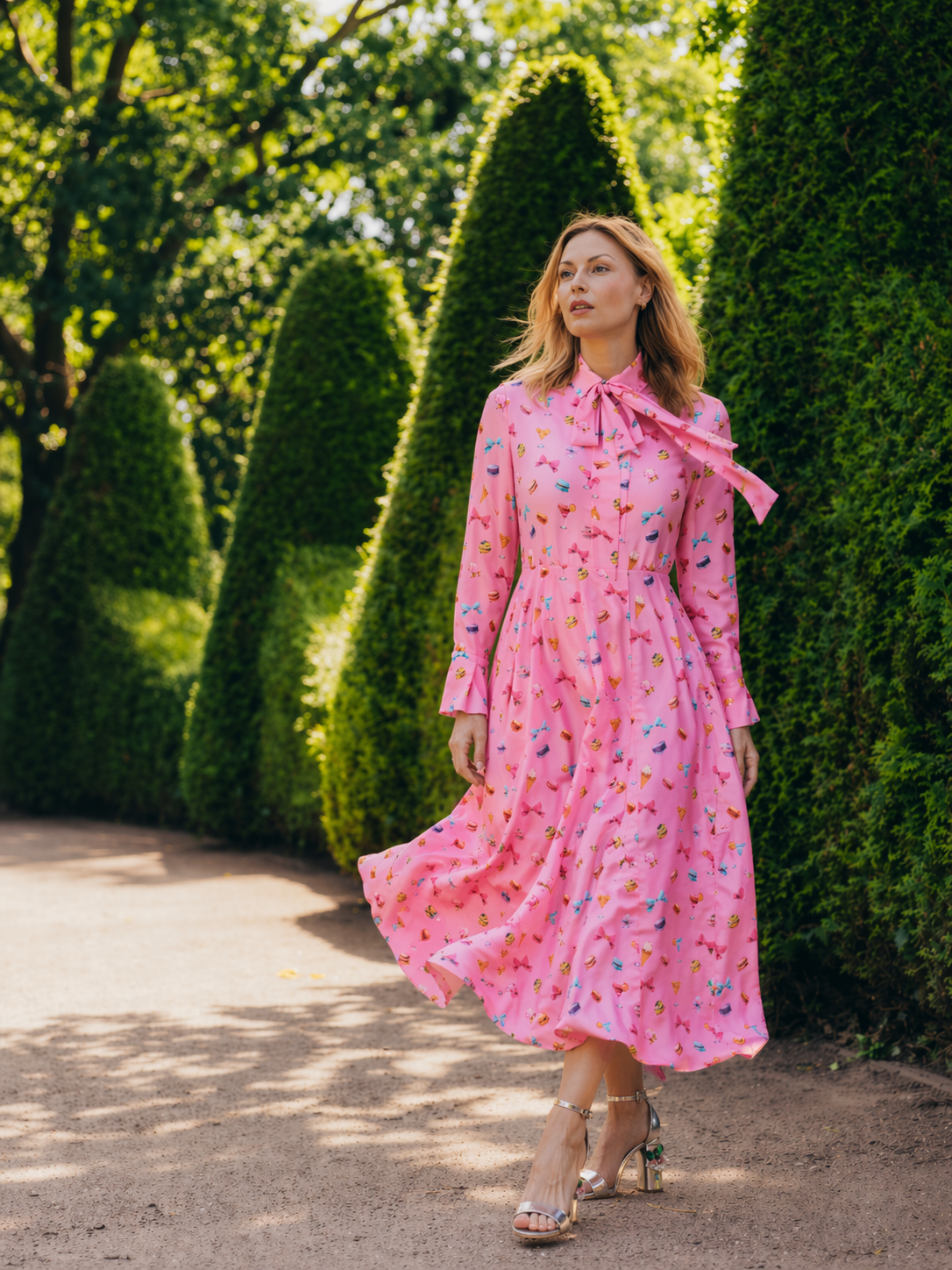 Seidenkleid LEILA mit Schluppe Macarons-Print