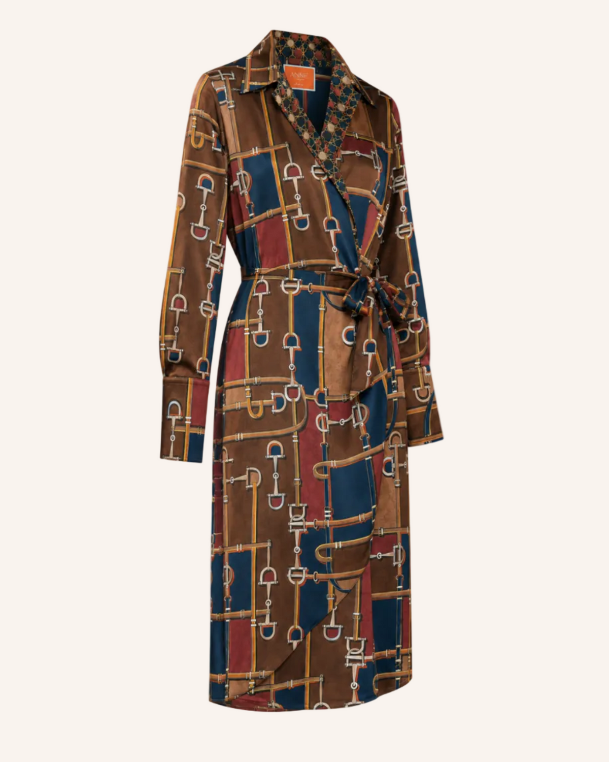 ANNA’S Wickelkleid mit Equestrian-Print in Braun, Navy & Bordeaux