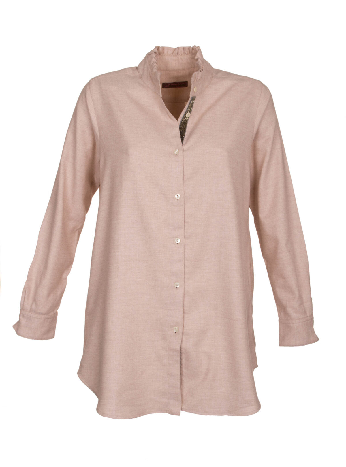 MADE BY LA CASA Flanell-Longbluse mit Rüschenkragen in Rosé und Beige