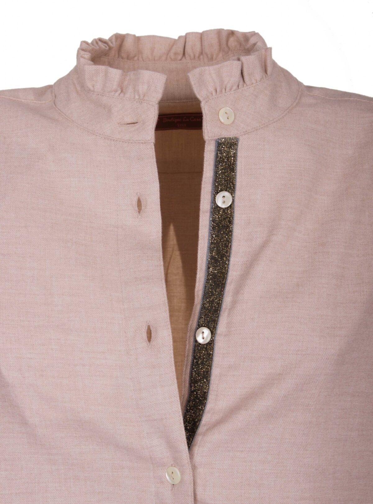 MADE BY LA CASA Flanell-Longbluse mit Rüschenkragen in Rosé und Beige