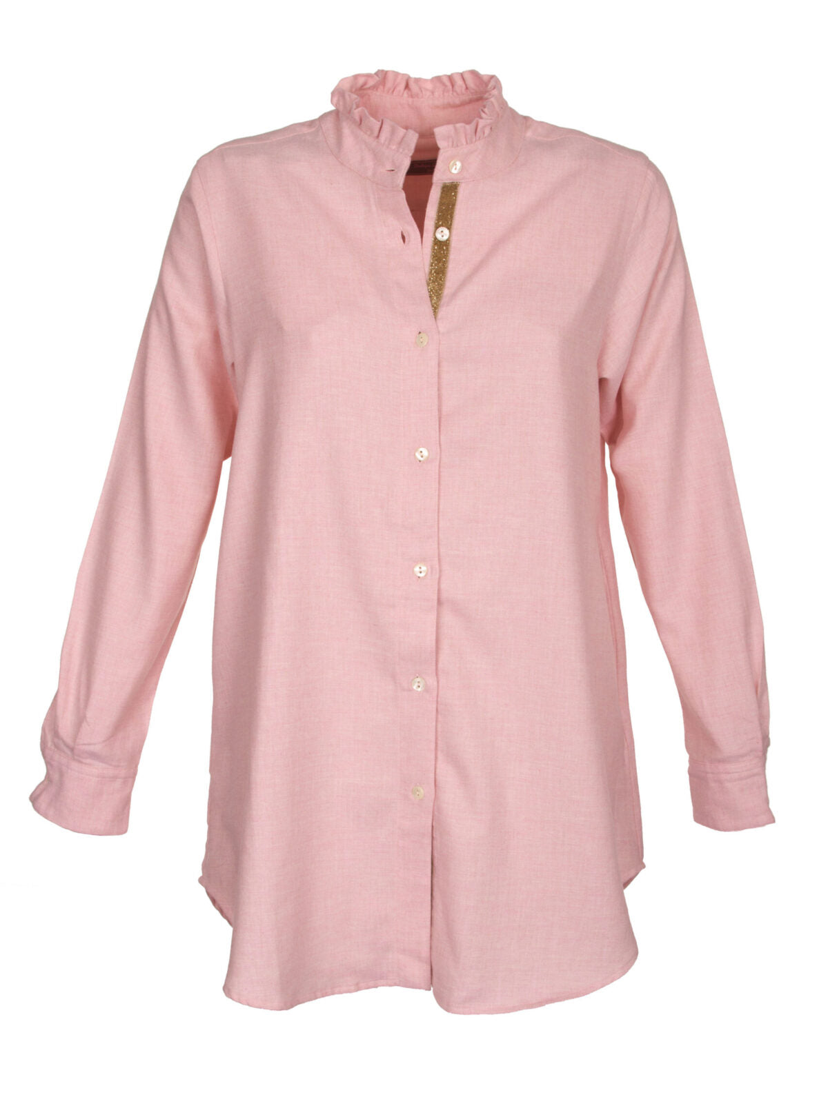 MADE BY LA CASA Flanell-Longbluse mit Rüschenkragen in Rosé und Beige