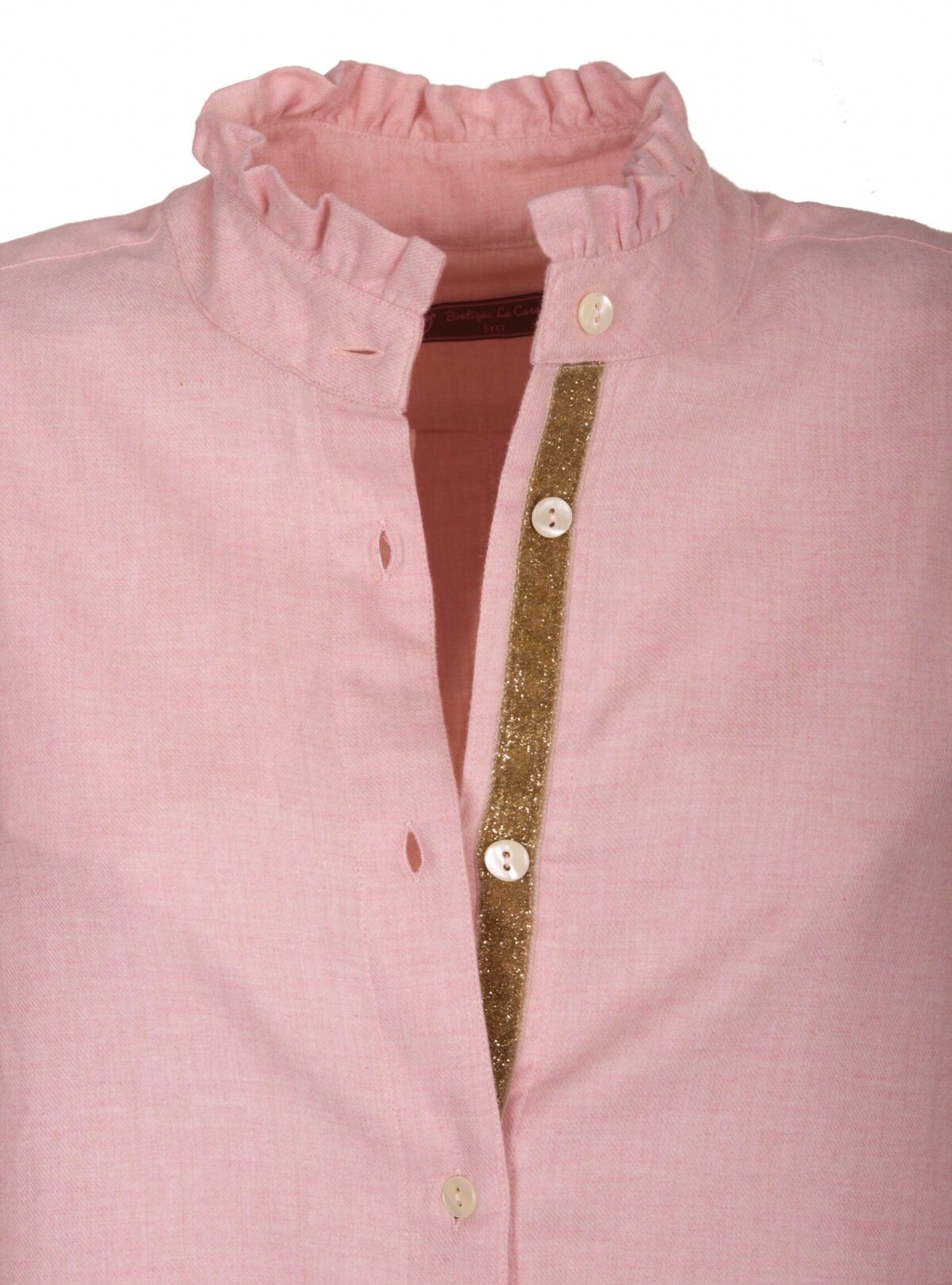 MADE BY LA CASA Flanell-Longbluse mit Rüschenkragen in Rosé und Beige