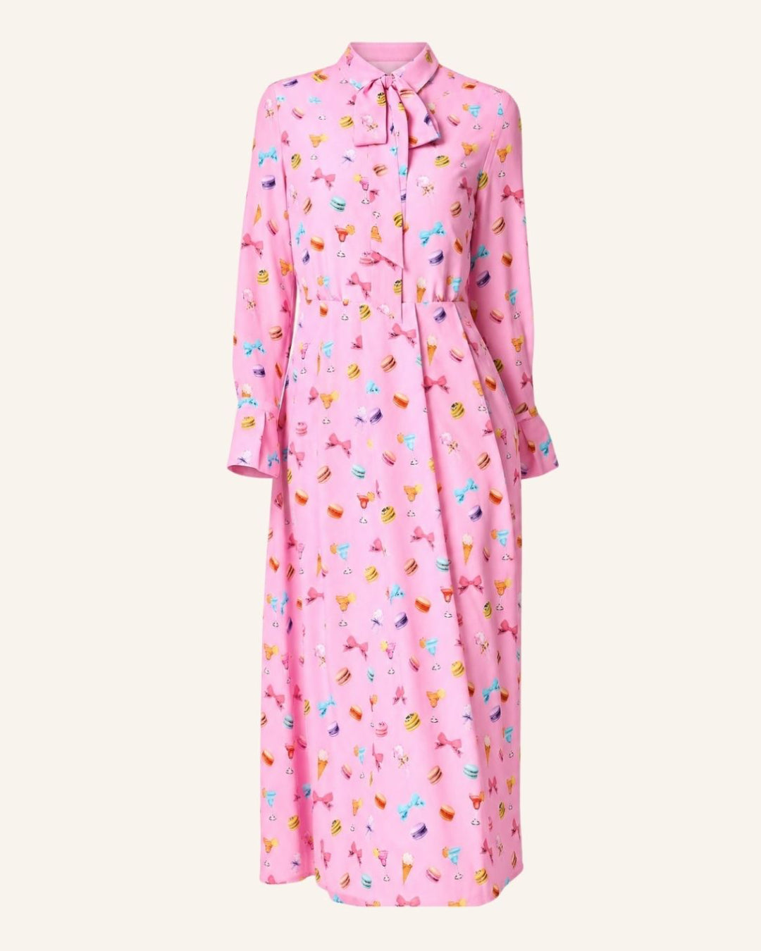 Seidenkleid Leila mit Schluppe Macarons-Print tailliert