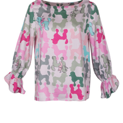 Viskosebluse mit Pudelprint von YESS. in Rosa und Pastell mit bunten Pudelmotiven – Vorderansicht