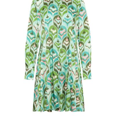 Seide-Viskose Hemdblusenkleid mit Retro-Muster in Grüntönen, lange Ärmel, lockerer Schnitt – Made in Italy, von Anna's Dress Affair (Semperlei)
