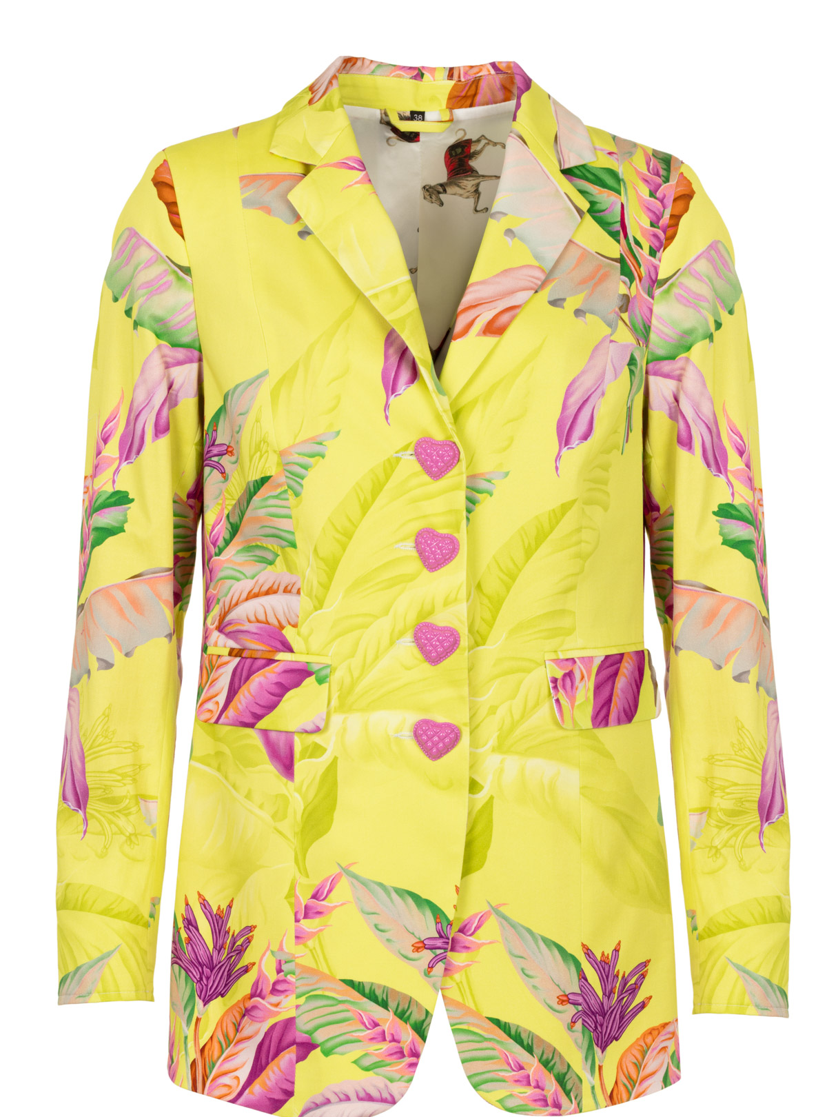 Blazer mit Tropical Print INDIRA von MAIDEN LANE – Vorderansicht auf weißem Hintergrund
