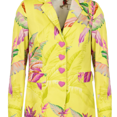 Blazer mit Tropical Print INDIRA von MAIDEN LANE – Vorderansicht auf weißem Hintergrund