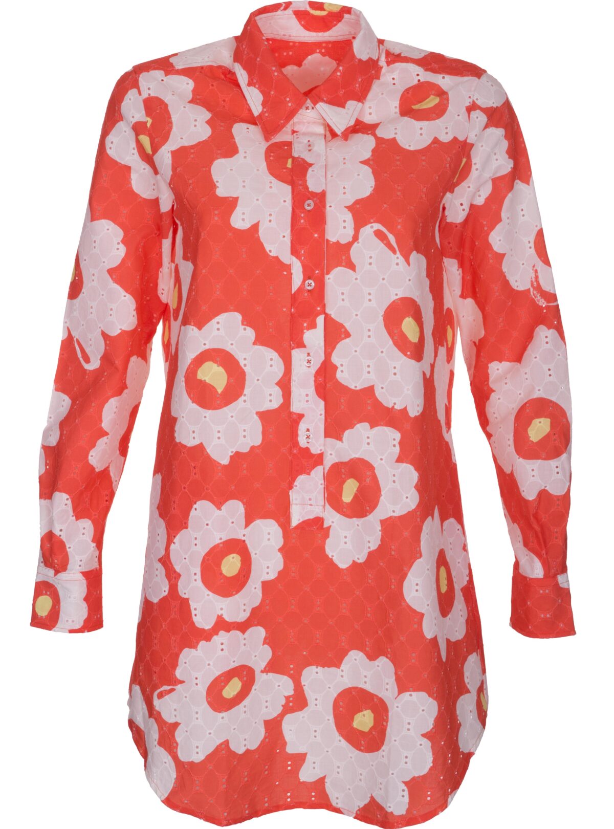 Longbluse aus Ajour-Baumwolle in Orange – Vorderansicht