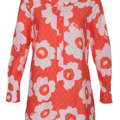 Longbluse aus Ajour-Baumwolle in Orange – Vorderansicht