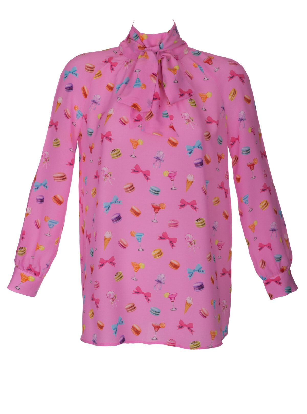 Schluppenbluse mit Macarons-Print – Vorderansicht