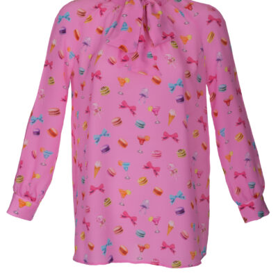 Schluppenbluse mit Macarons-Print – Vorderansicht